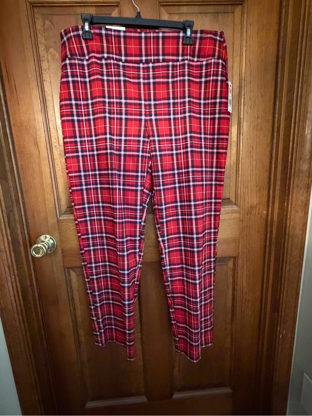 crown & ivy Red Plaid Straight Leg Pants with Black & White Accents